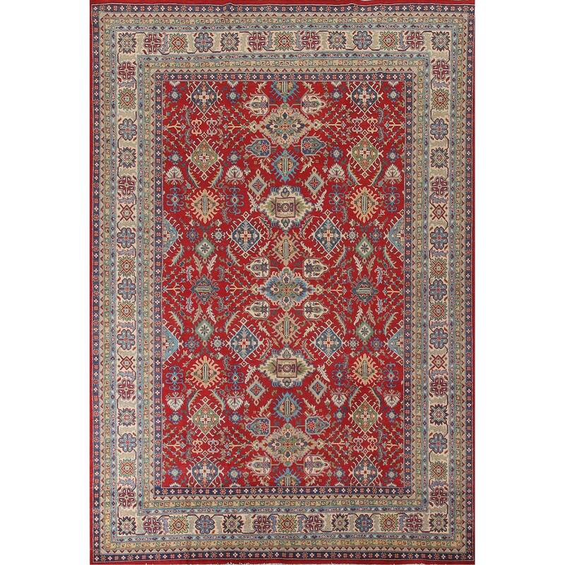 Traditional Red Geometric Kazak Oriental Area Rug Handmade Wool Carpet - 9'6"x 12'10"
