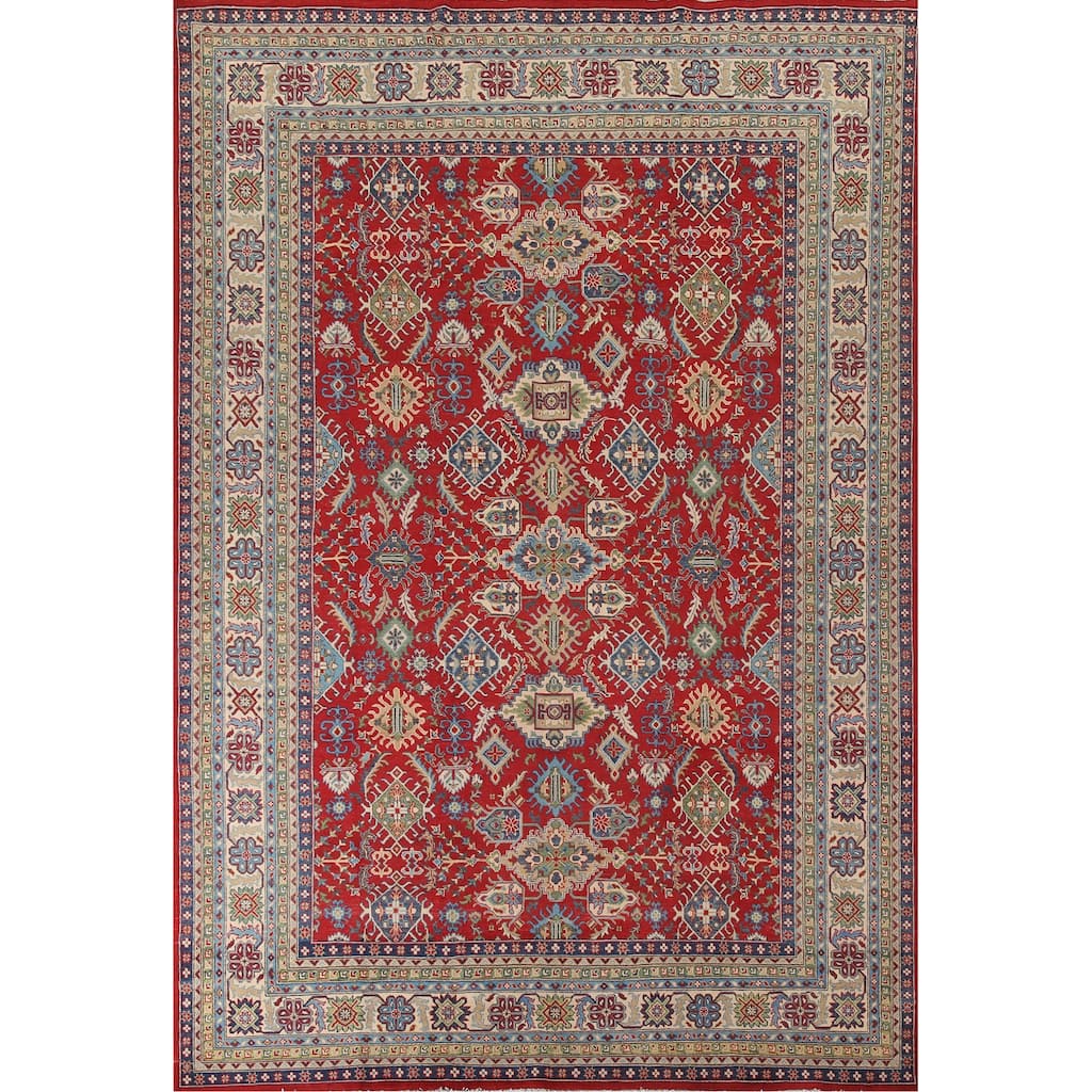Traditional Red Geometric Kazak Oriental Area Rug Handmade Wool Carpet - 9'6"x 12'10"