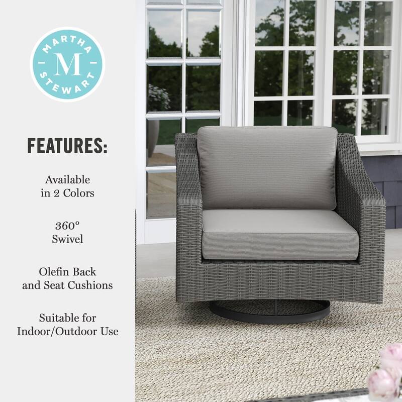 Martha Stewart Outdoor Rattan Wicker Swivel Chair with All-Weather Cushions - 34"D x 32"W x 30"H