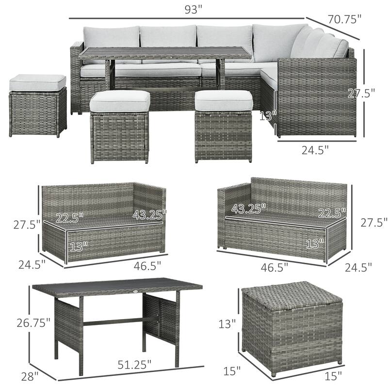 Outsunny 7 PCs Patio Wicker Furniture Set, Outdoor Sectional Furniture Conversation Sofa Set with Wood Grain Plastic Top Table