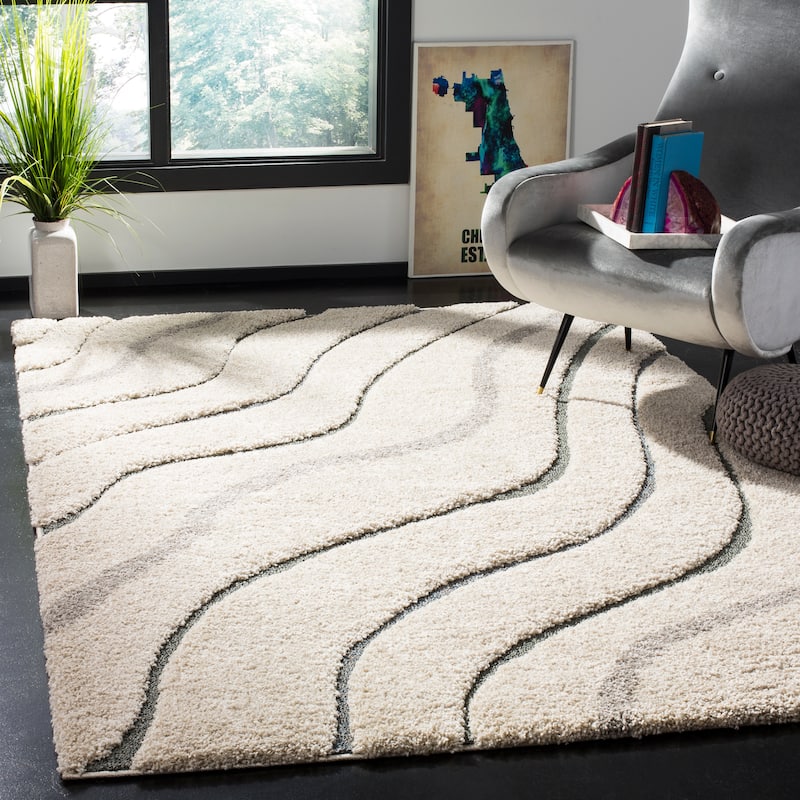 SAFAVIEH Florida Shag Hervor Soft Serene Waves 1.2-inch Thick Rug - 6' x 9' - Cream/Light Blue - Rectangle
