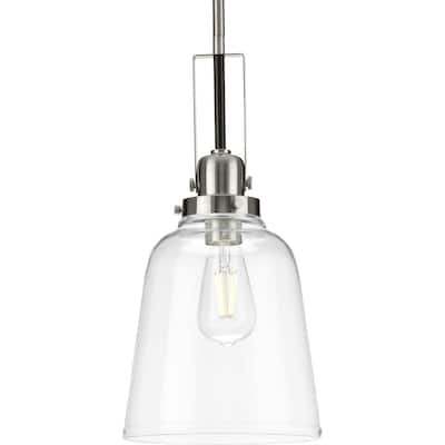 Rushton Collection 1-Light Brushed Nickel Clear Glass Industrial Pendant Hanging Light - 8.5 in x 8.5 in x 16.87 in