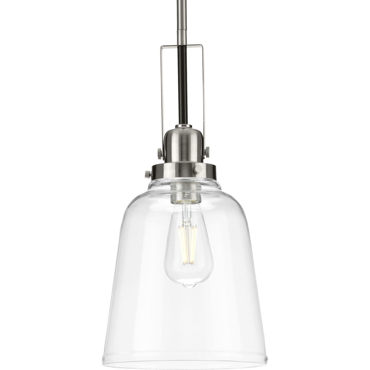 Rushton Collection 1-Light Brushed Nickel Clear Glass Industrial Pendant Hanging Light - 8.5 in x 8.5 in x 16.87 in