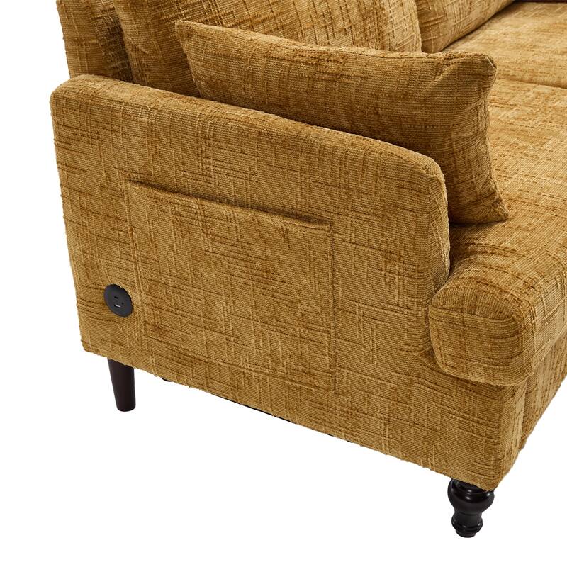 Modern Style Chenille 2-Seater Wood-Legged Sofa With Led Light,USB Charging Port And Storage Bag Living Room Bedroom Study Room