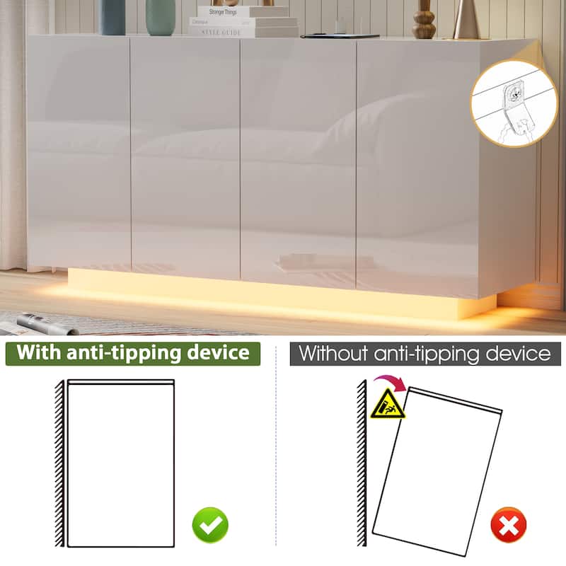 Buffet Cabinet with Storage Bar Cabinet LED light High Gloss Doors for Bedroom, Living Room