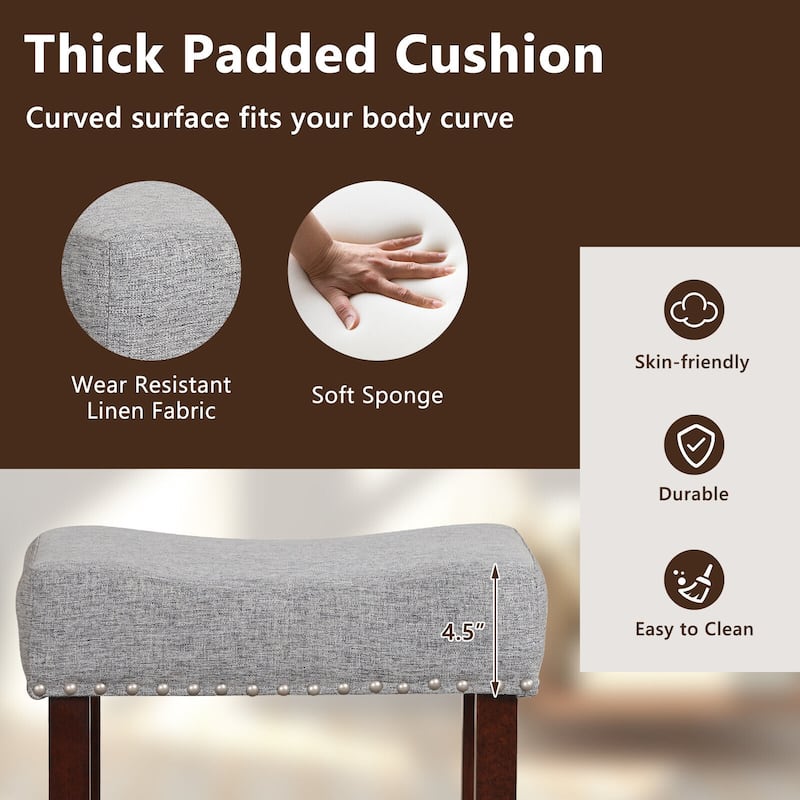 Set of 2 Backless Saddle Bar Stools with Linen Cushions and Rubber Wood Legs for Counter - 17" x 13" x 24" (L x W x H)