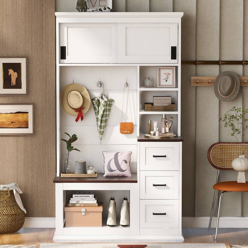 Coat Rack w/ 3 Shelves and Drawers,Hooks,Hall Tree with Storage Bench - White