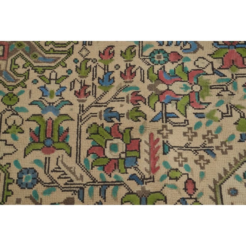 Hand Knotted Oriental 100% Wool Carpet Traditional Floral Beige & Ivories Tabriz Area Rug - 9' 4'' X 6' 8''