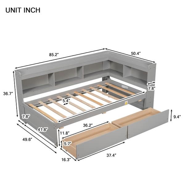 dimension image slide 4 of 6, Wood Platform Bed with L-shaped Bookcases and Drawers