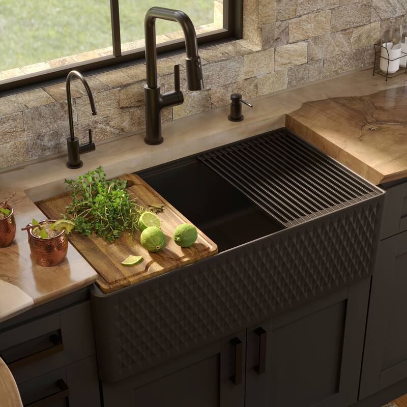 Karran 33" Single Bowl Workstation Fireclay Kitchen Sink with Reversible Diamond/Flat Apron Front