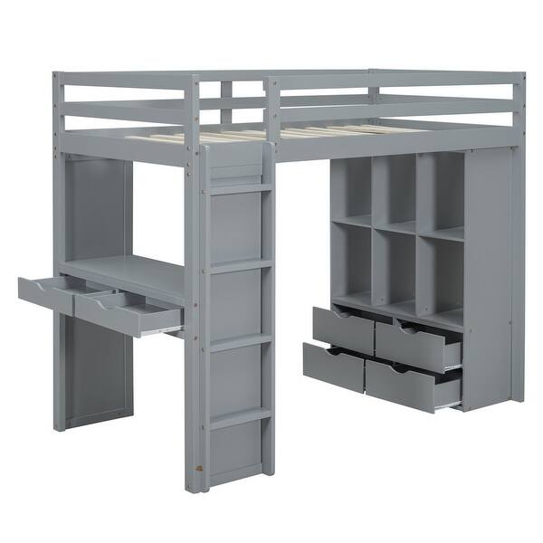 slide 2 of 9, Full Size Loft Bed with large shelves, writing desk and LED Light Grey