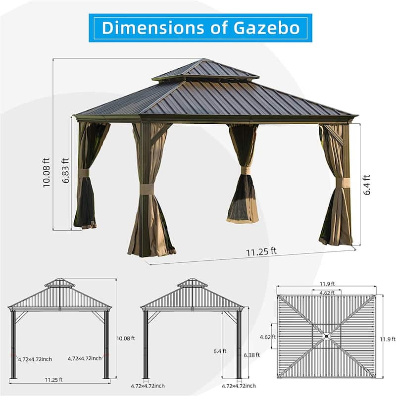 12' x 12' Outdoor Brown Aluminum Hardtop Gazebo with Galvanized Steel Double Roof with Curtains and Netting
