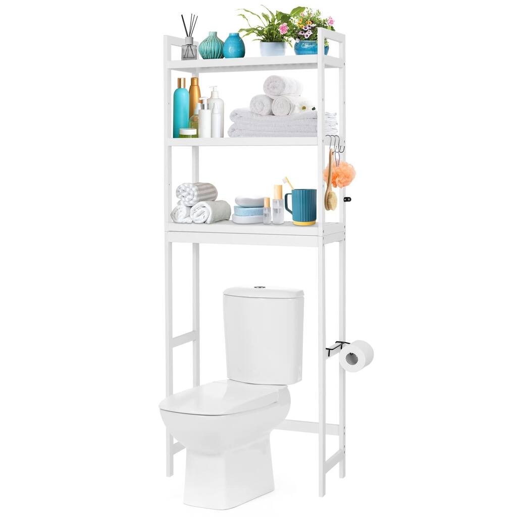 Over The Toilet Storage,Bamboo 3-Tier Over Toilet Bathroom Organizer,Adjustable Shelf Above Toilet with Paper Holder and 3 Hooks