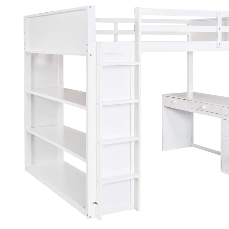 Space-Saving Full Loft Bed with Desk, Shelves, and Ladder in White