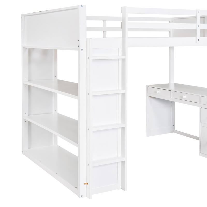 Twin/Full Size Loft Bed with Desk & Shelves for Kids/Adults, Wood Loft Beds w/Guardrails & Ladder for Dorm,Bedroom,Guest Room