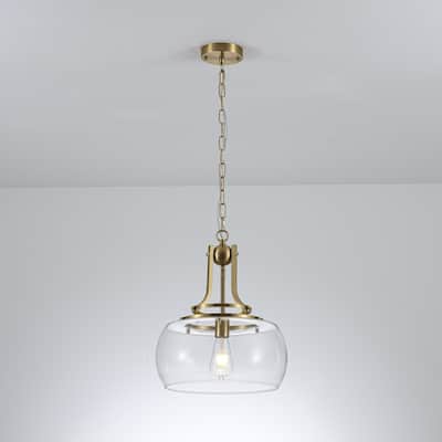 13.8" W Mid-Century Modern Rustic Gold Dome Design Ceiling Pendant with Clear Glass Shade for Dining Room, Kitchen Island, Foyer