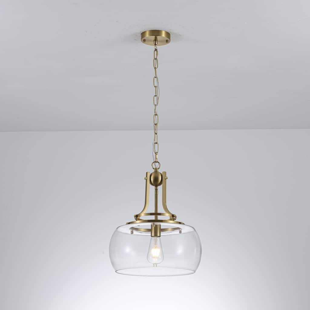13.8" W Mid-Century Modern Rustic Gold Dome Design Ceiling Pendant with Clear Glass Shade for Dining Room, Kitchen Island, Foyer