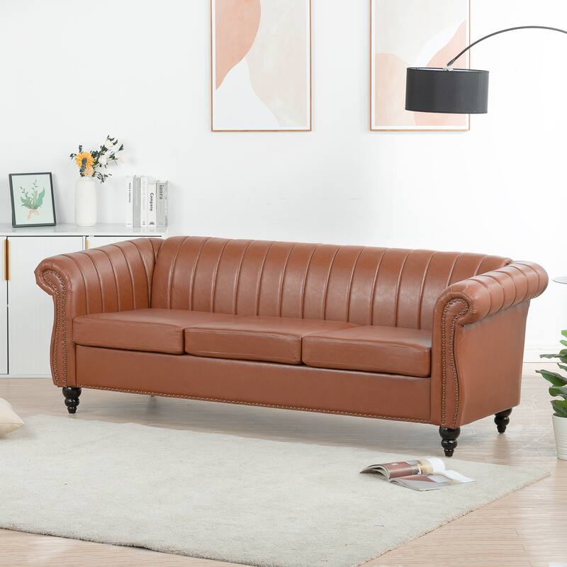 Chesterfield Sofa 83.46" with PU Leather, Quilted Backrest, Birch Legs