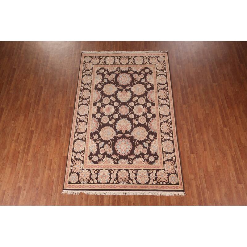 All-Over Brown Floral Kashan Turkish Area Rug Machine Made Carpet - 6'5" x 9'9"