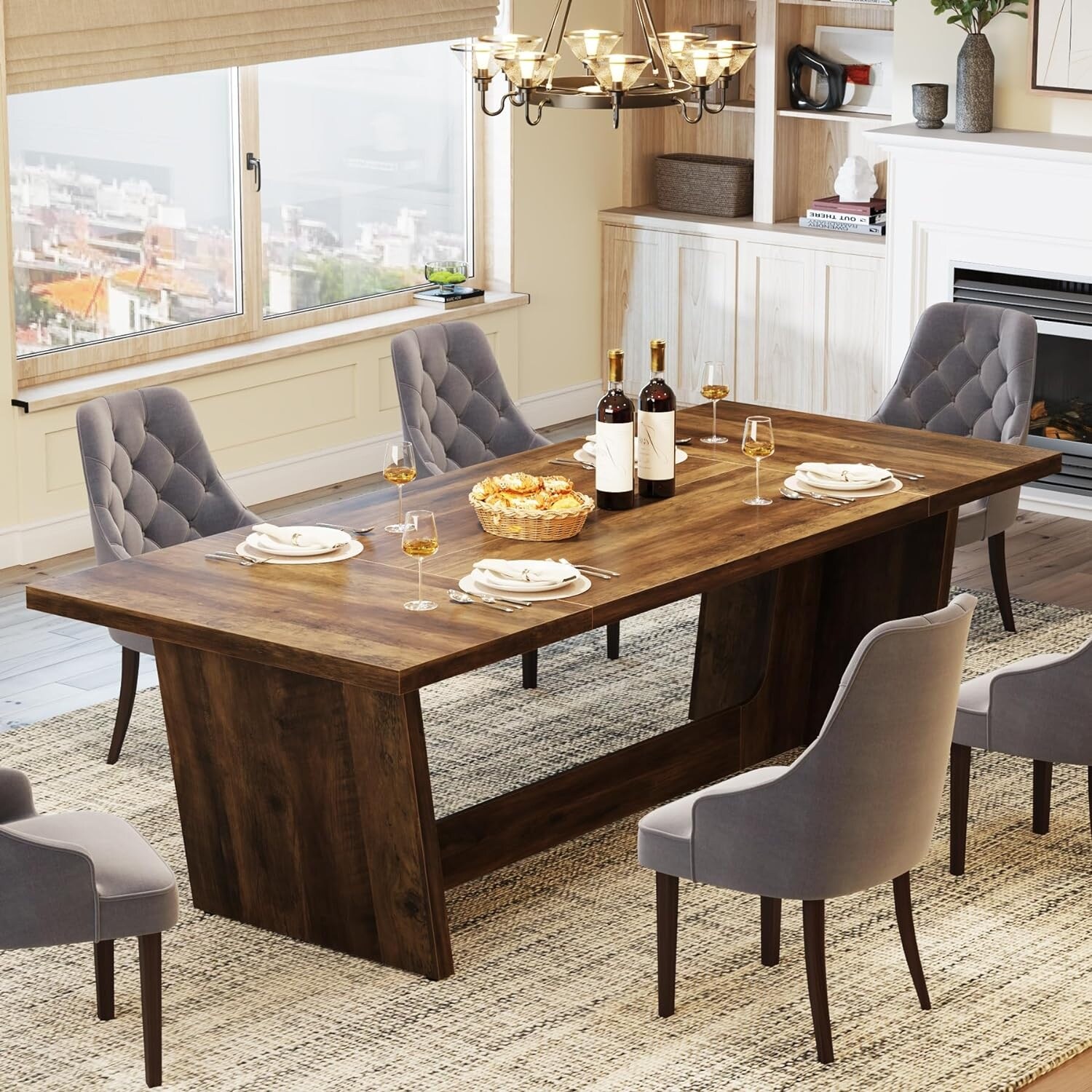 70.87-Inch Wood Dining Table, Large Dining Room Table for 6-8