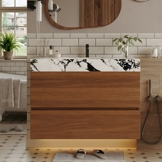29.9-inch modern floating bathroom vanity with faux marble countertop ...