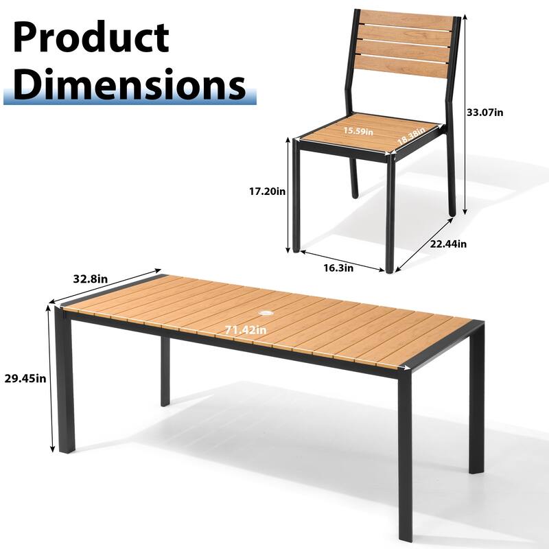 7-Piece Outdoor Patio Dining Set Wood Like Table Top Aluminum Rectangular Umbrella Hole Table with Stackable Chairs
