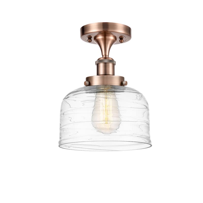 Innovations Lighting Ballston Urban Bell - 1 Light 8" Semi-Flush Mount - Antique Copper/Clear Deco Swirl