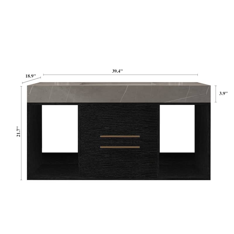 GDFStudio - Modern 39.4" Wall Mounted Floating Sintered Stone Bathroom Vanity with Seamless Ceramic Sink & Soft-Close Drawers