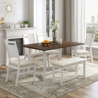 TOPMAX 6-Piece Wood Dining Table Set Kitchen Table Set with Upholstered Bench and 4 Dining Chairs, Farmhouse Style,Gray+White (old sku: SP000003AAK)