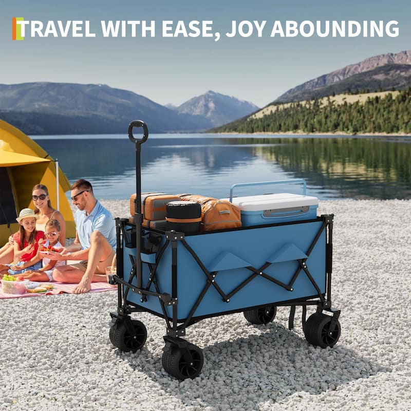 Folding All Terrain Utility Wagon Cart with Wheels and Cup Holders