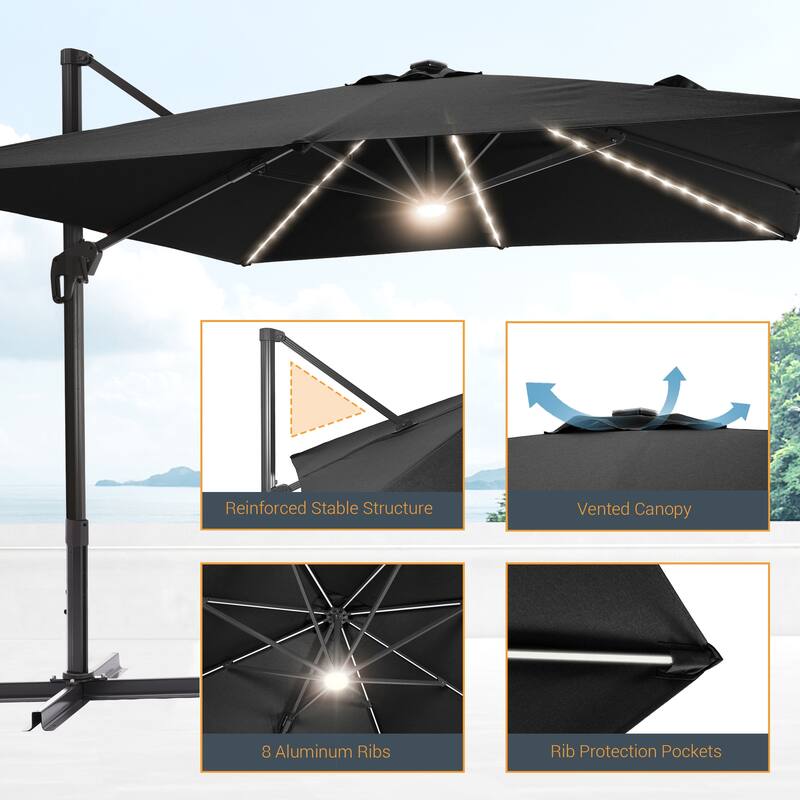 LIVOOSUN 11.5x9ft LED Cantilever Patio Umbrella with Cross Base