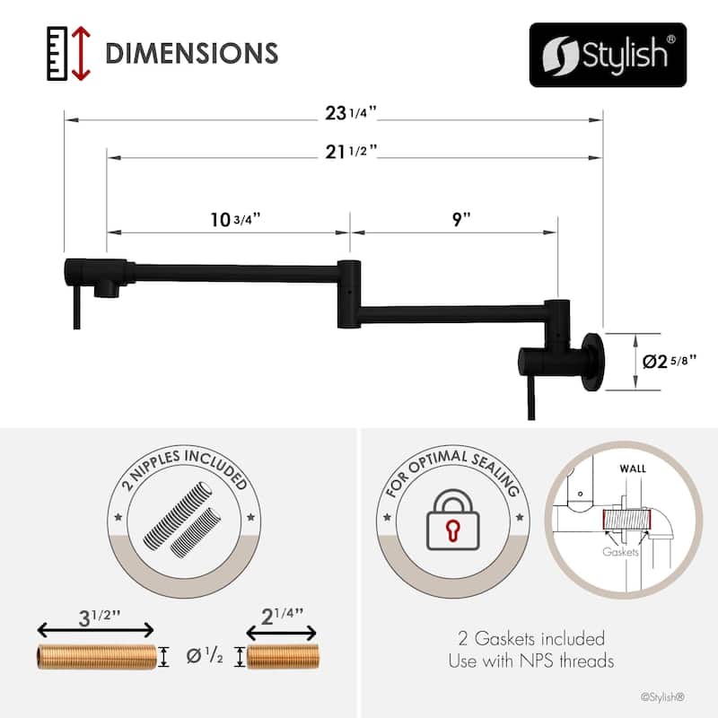 STYLISH Stainless Steel Wall Mount Pot Filler Folding Stretchable with Single Hole Two Handles