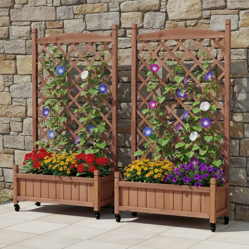 Set of 2 Portable Wood Planter Garden Bed with Wheels Drainage Trellis