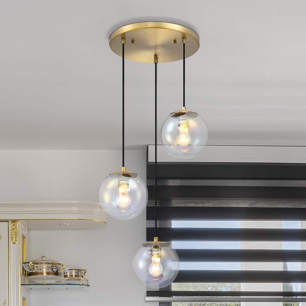 Neva 3-Light Brushed Gold Transitional Globe Chandelier for Entryways with 7 in. Clear Iridescent Glass Shades - 17.75