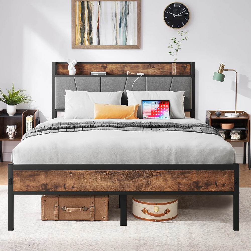 Bed Frames, Storage Headboard with Outlets, No Box Springs Needed