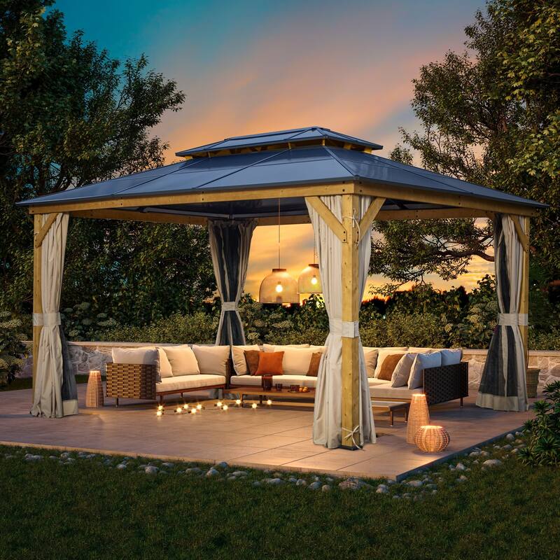 EROMMY Outdoor Wood Gazebo with Double Polycarbonate Roof, Heavy Duty Backyard Patio Pergola Canopy for Garden Shade