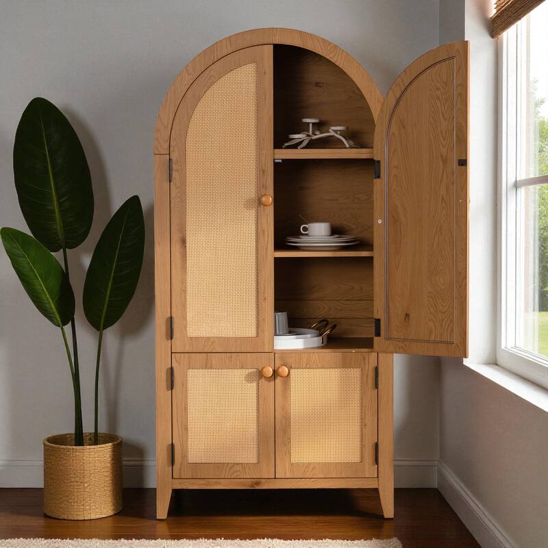 63" Arched Rattan Kitchen Pantry Cabinet with Doors, Adjustable Shelves & Wood Frame for Living or Dining Room