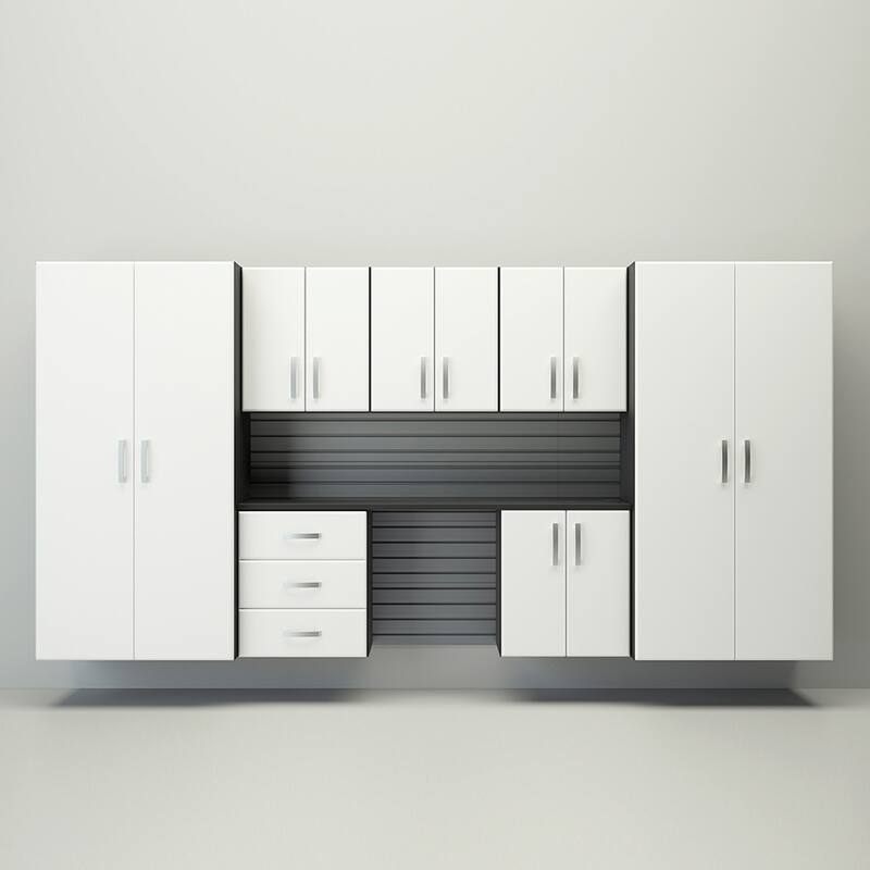 Flow Wall 8 Piece PVC Indoor Cabinet Deluxe Workstation - Silver Slatwall / White Cabinets