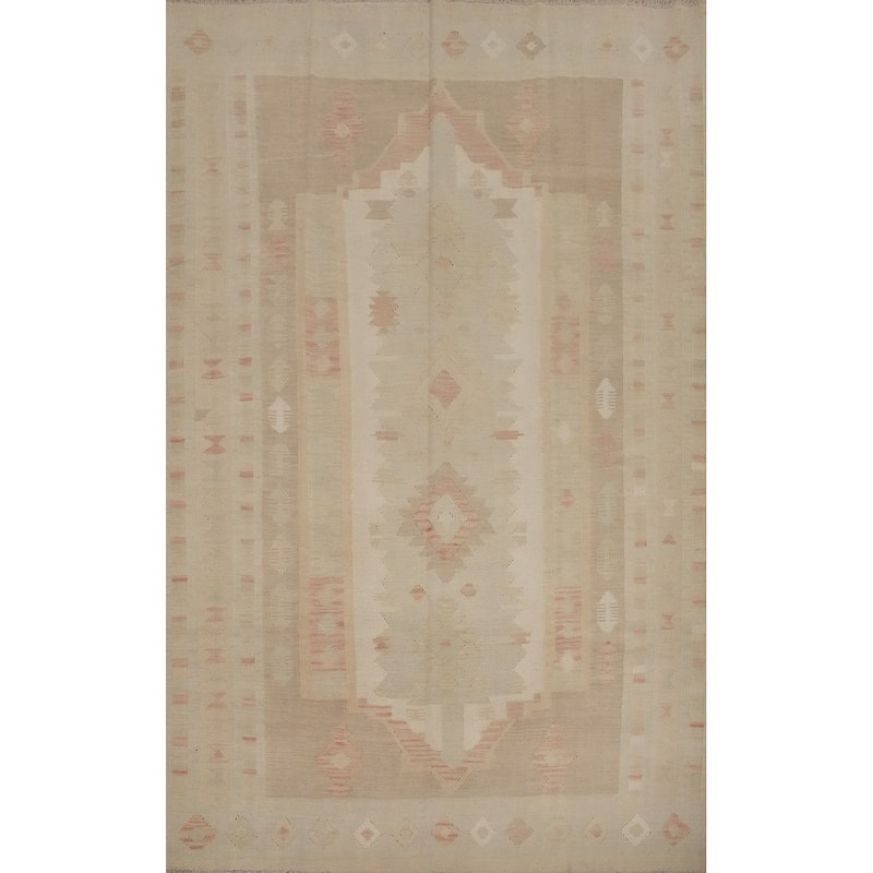 Hand Woven Oriental 100% Wool Carpet Southwestern Tribal Beige & Ivories Kilim Area Rug - 9' 8'' X 6' 7''