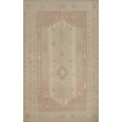 Hand Woven Oriental 100% Wool Carpet Southwestern Tribal Beige & Ivories Kilim Area Rug - 9' 8'' X 6' 7''