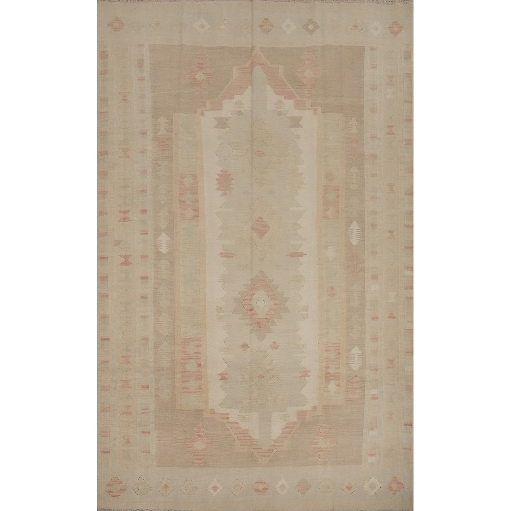 Hand Woven Oriental 100% Wool Carpet Southwestern Tribal Beige & Ivories Kilim Area Rug - 9' 8'' X 6' 7''