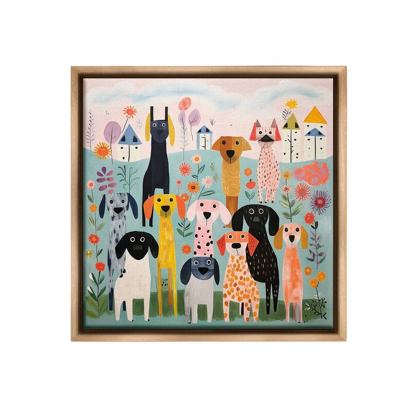 Stupell Patterned Dogs in Yard Framed Floater Canvas Wall Art Design By Lazar Studio