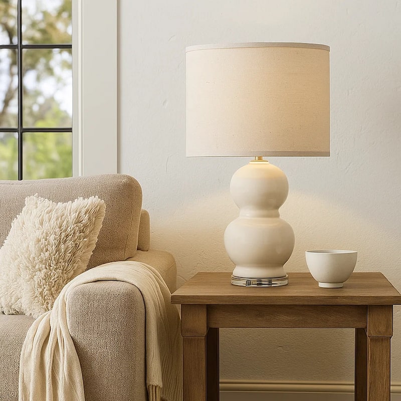 Table Lamp with Stacked Bellied Design Ceramic Base, Cream