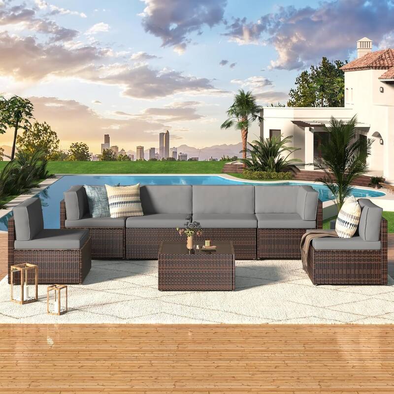AECOJOY 7 Piece Outdoor Patio Furniture Set, PE Rattan Outdoor Wicker Sectional Furniture Chair Set with Cushions and Tea Table
