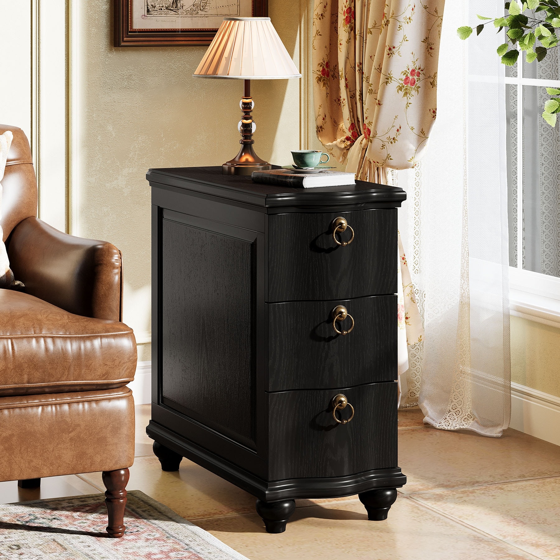 Vintage Black 3-Drawer End Table / Nightstand, Fully Assembled