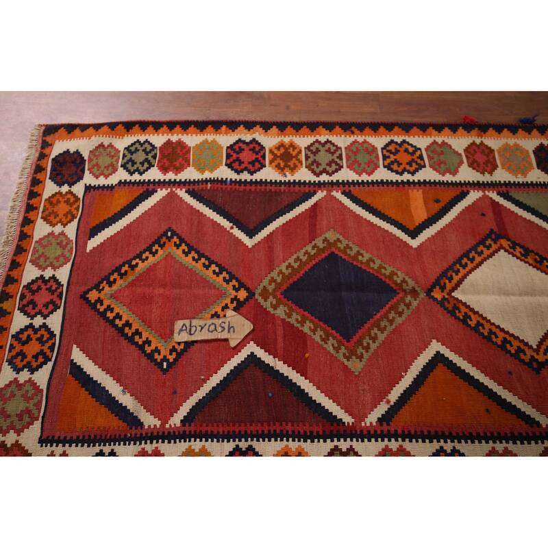 Vegetable Dye Red Kilim Qashqai Persian Antique Runner Wool Carpet - 3'9"x 8'6"
