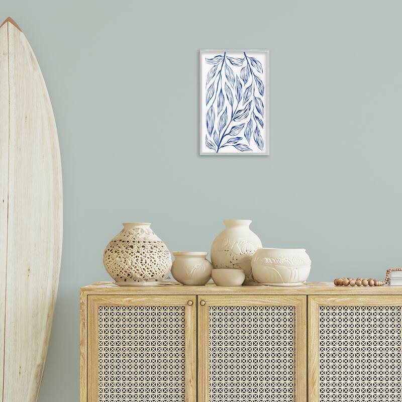 Stupell Simple Blue Leaves on White Framed Giclee Art Design By Martina Pavlova