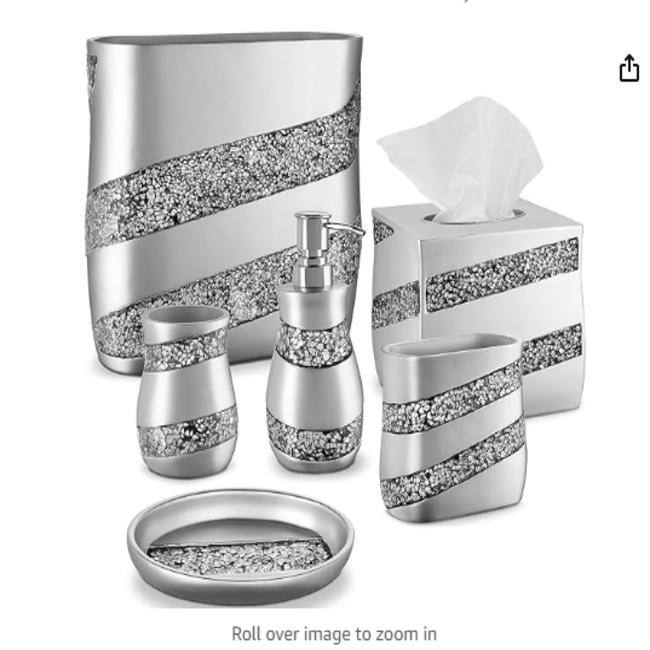 Creative Scents Mosaic Glass Silver Bathroom Accessories Set of 6 - Gray