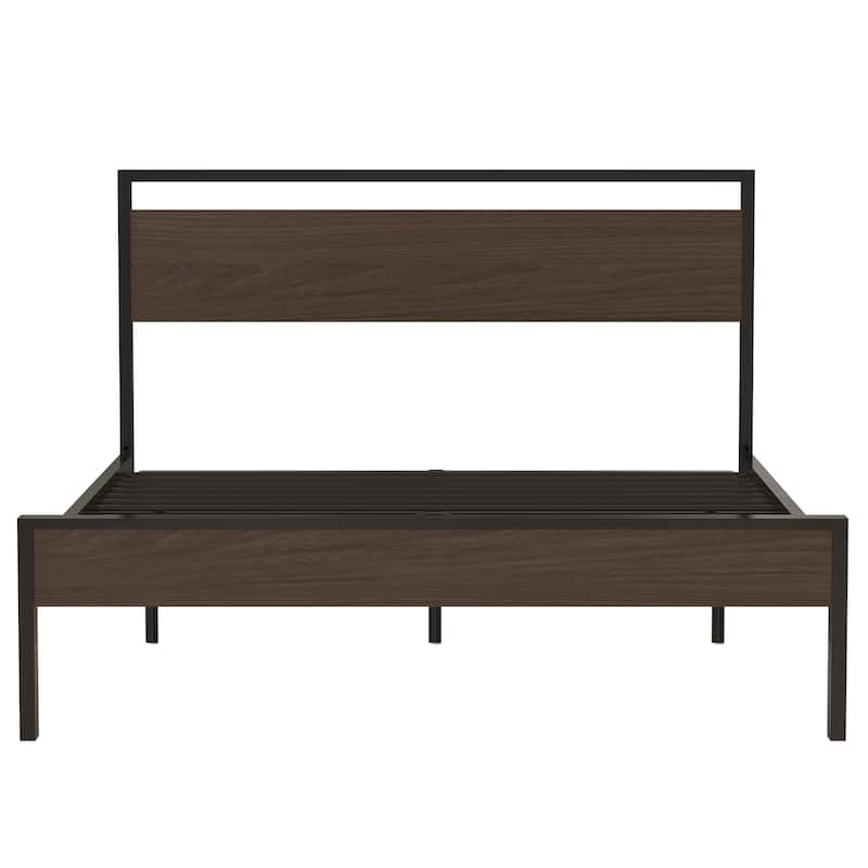 Queen Metal Bed, Black with Walnut Wood Headboard & Footboard