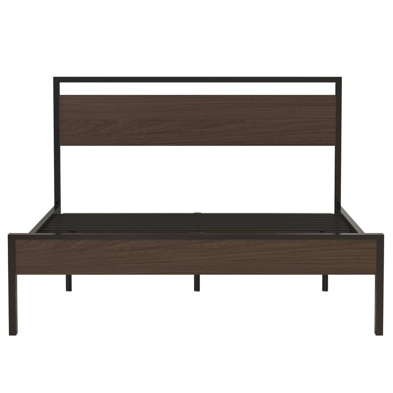 Queen Metal Bed with Walnut Wood Headboard & Footboard, Black